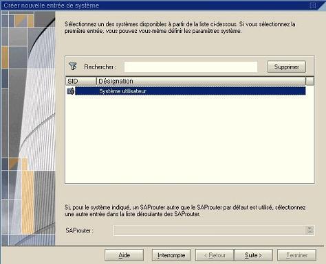 Ecran d'invitation d'ajout d'un systme dans SAP GUI